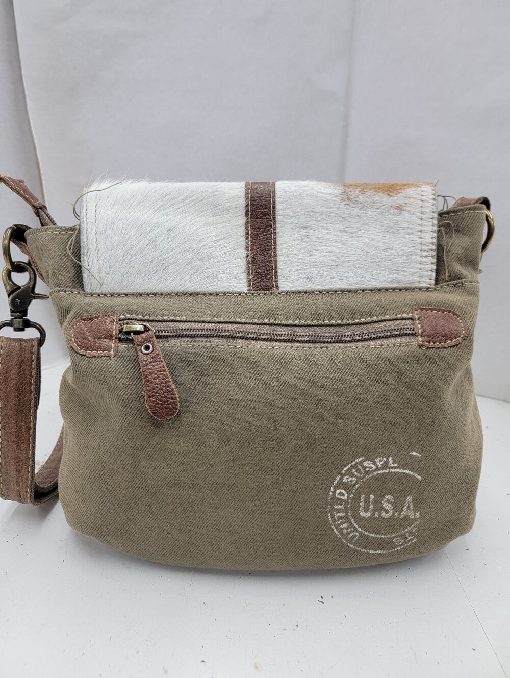 Myra Bag Canvas & Leather Hide Crossbody Bag Upcycled Military Canvas - Picture 5 of 12